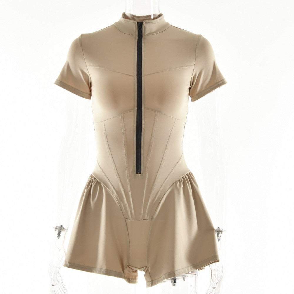 Women O Neck Short Sleeve Zipper Bodysuit