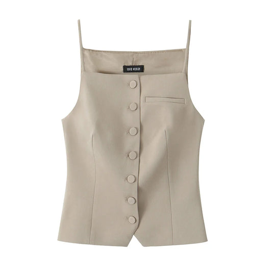 Front button straps vest top beige