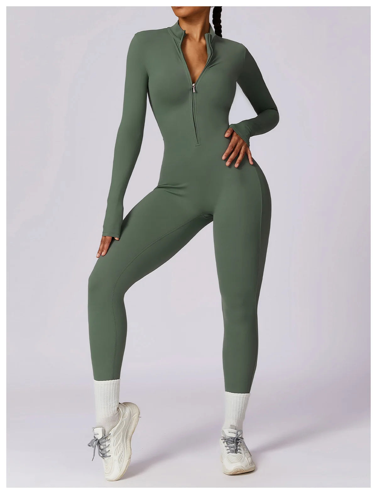 Zipper long sleeve Elastic One-Piece gym workout Bodysuit