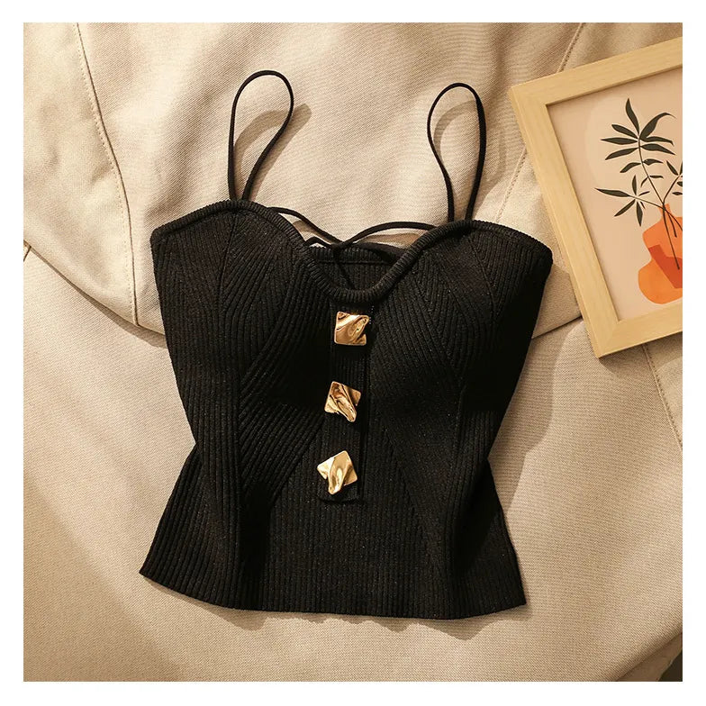 Women's gold buttons straps knitted Top Black