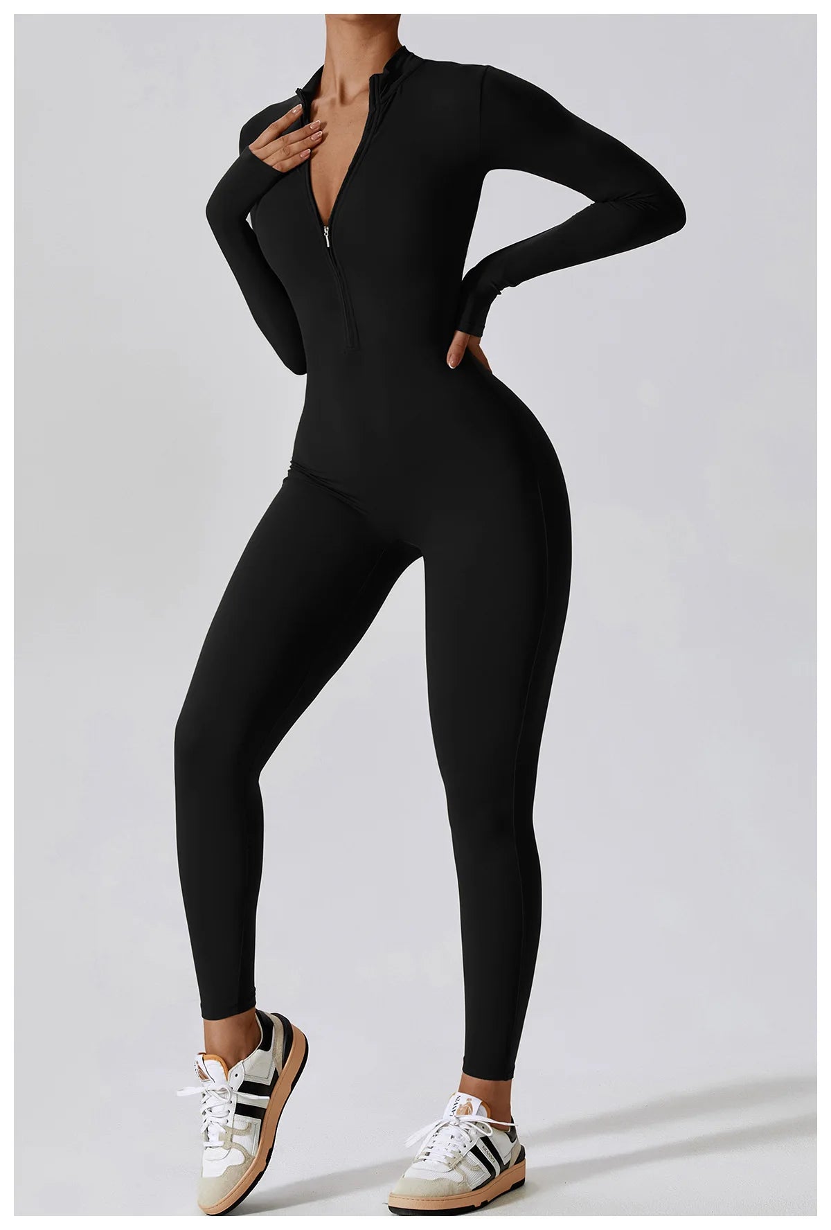 Zipper long sleeve Elastic One-Piece gym workout Bodysuit