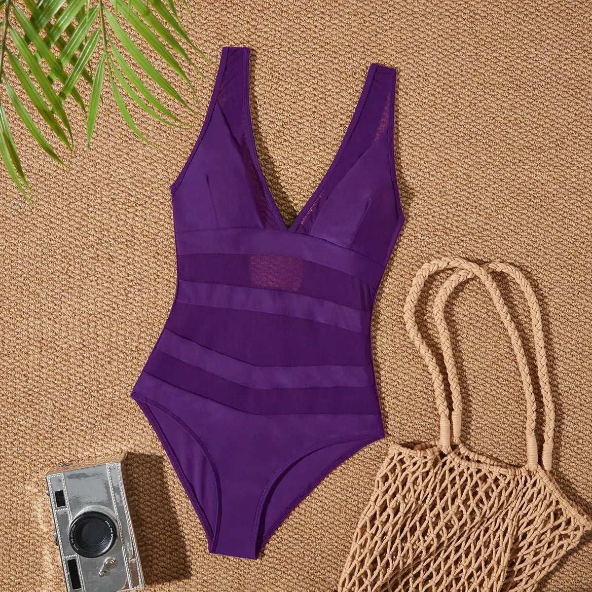 Low Back mesh One Piece Swimsuit purple