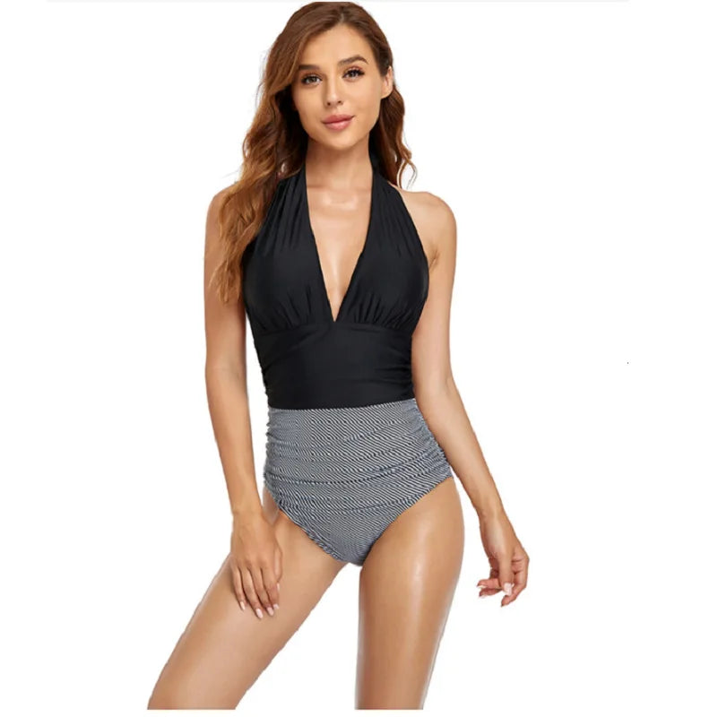 Plunge halter neck One Piece Swimsuit black