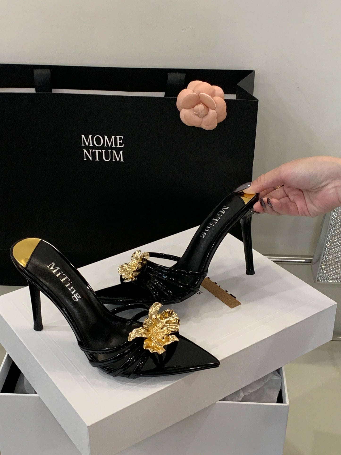 Metal look Flower Open Toe Mule High Heel Sandals