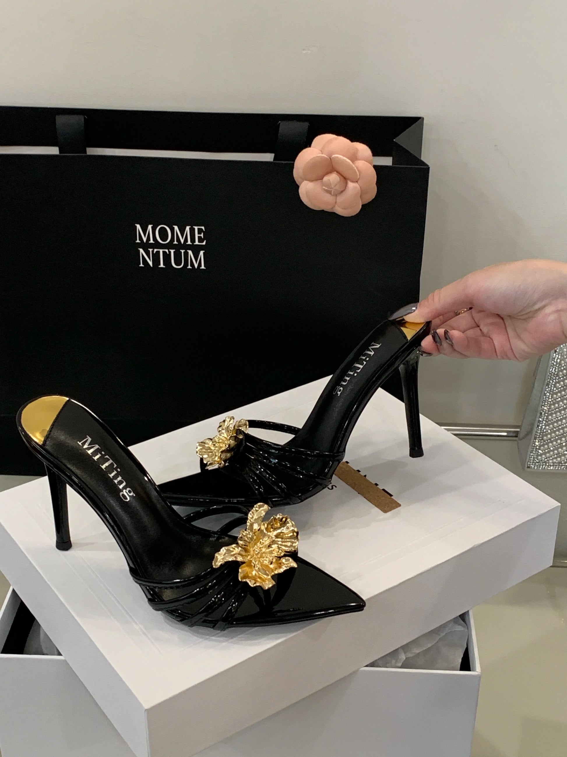 Metal look Flower Open Toe Mule High Heel Sandals