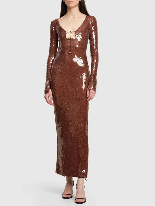 Long Sleeve Mesh Sequin Brown Bodycon Ankle Length Dress