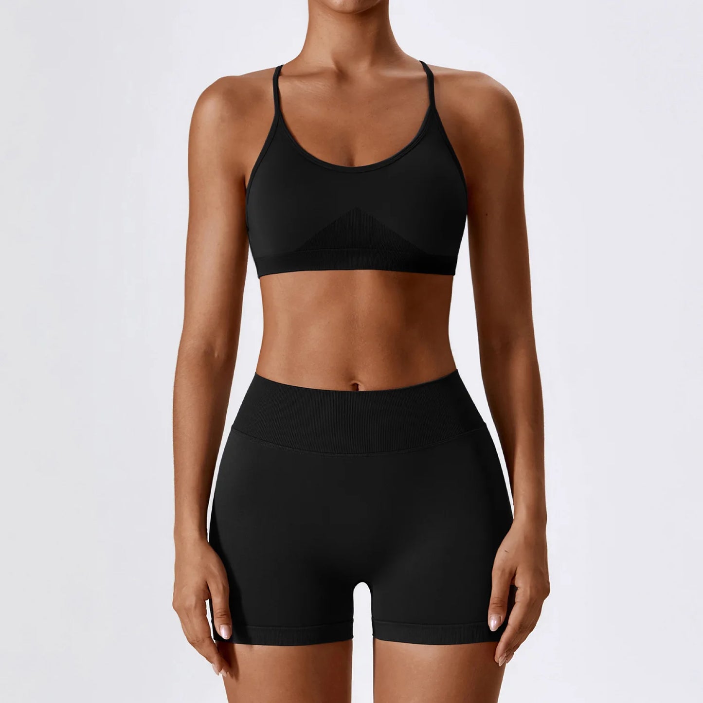 Seamless Yoga Gym 2 Piece shorts and bra Set black