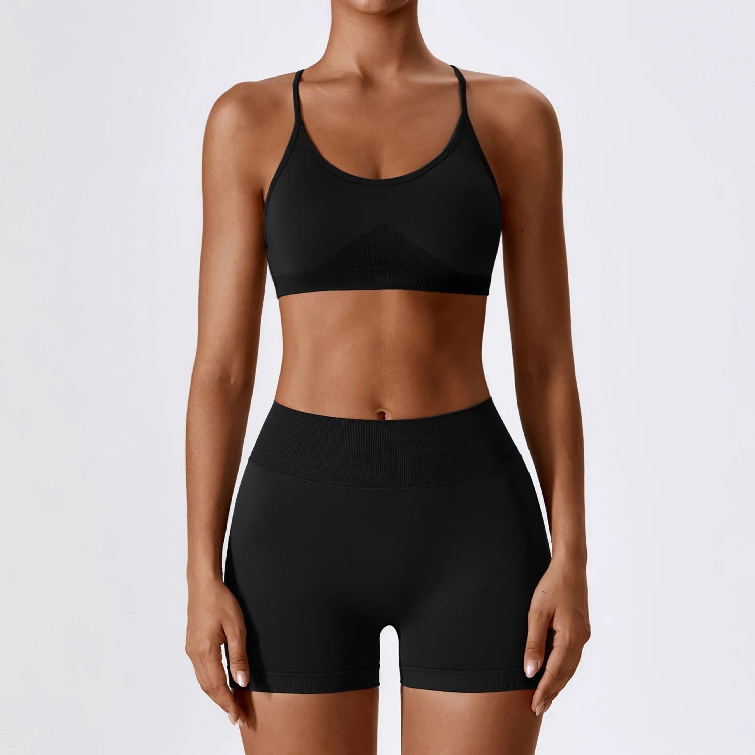 Seamless Yoga Gym 2 Piece shorts and bra Set black