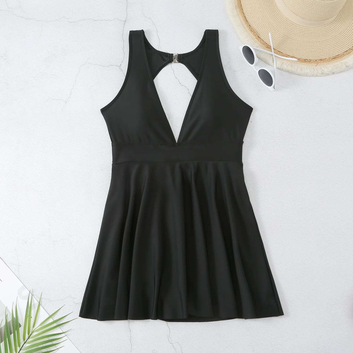 Ruffle plunge One Piece skirt dress Swimsuit black