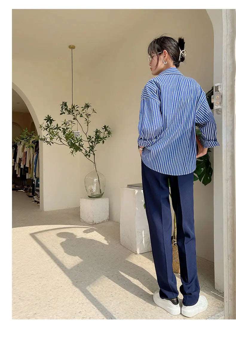 Blue Striped Chiffon Blouse Shirt for Women