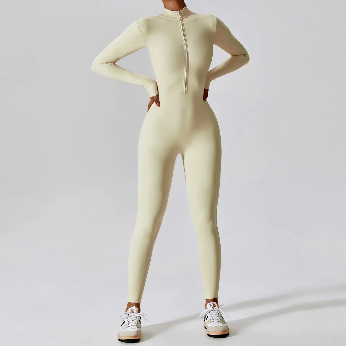 Zipper long sleeve Elastic One-Piece gym workout Bodysuit Oatmeal apricot