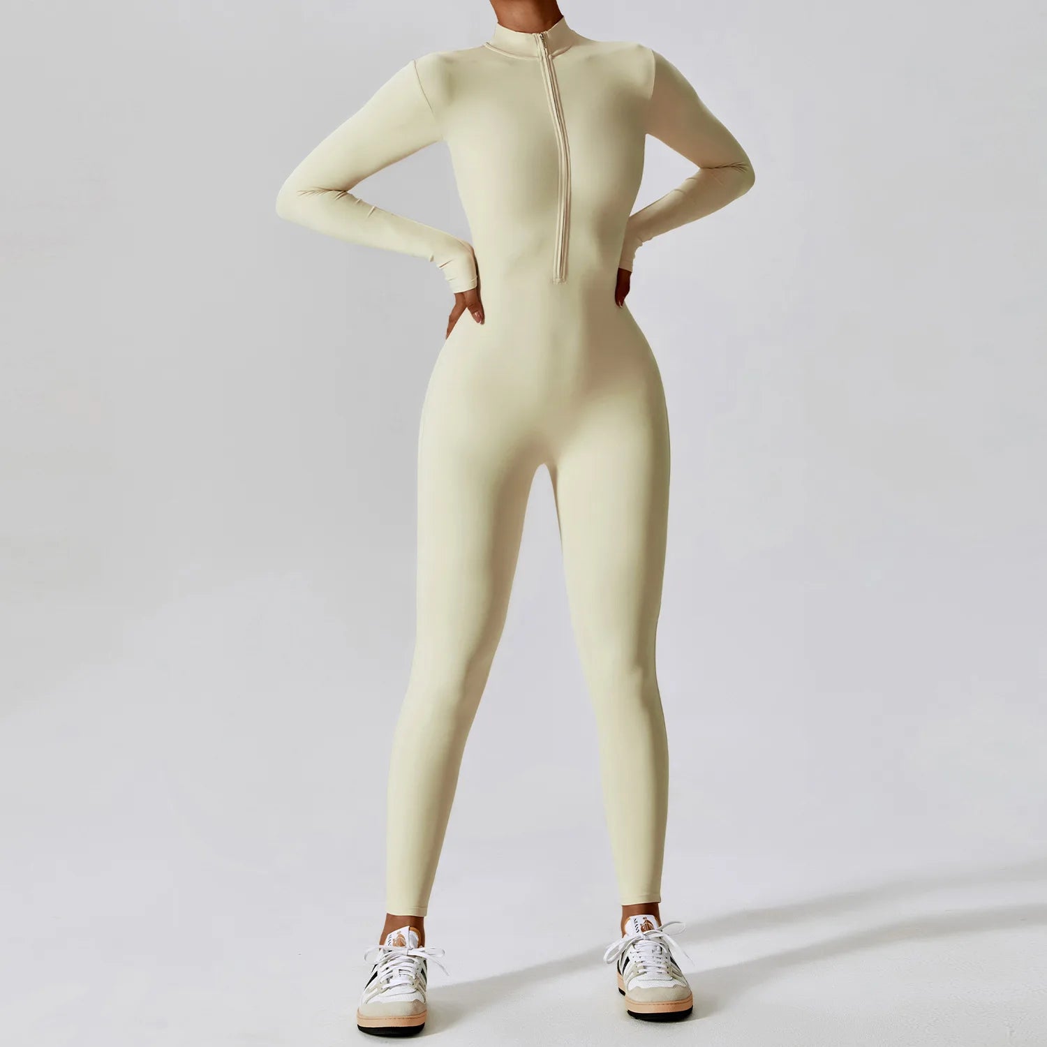 Zipper long sleeve Elastic One-Piece gym workout Bodysuit Oatmeal apricot