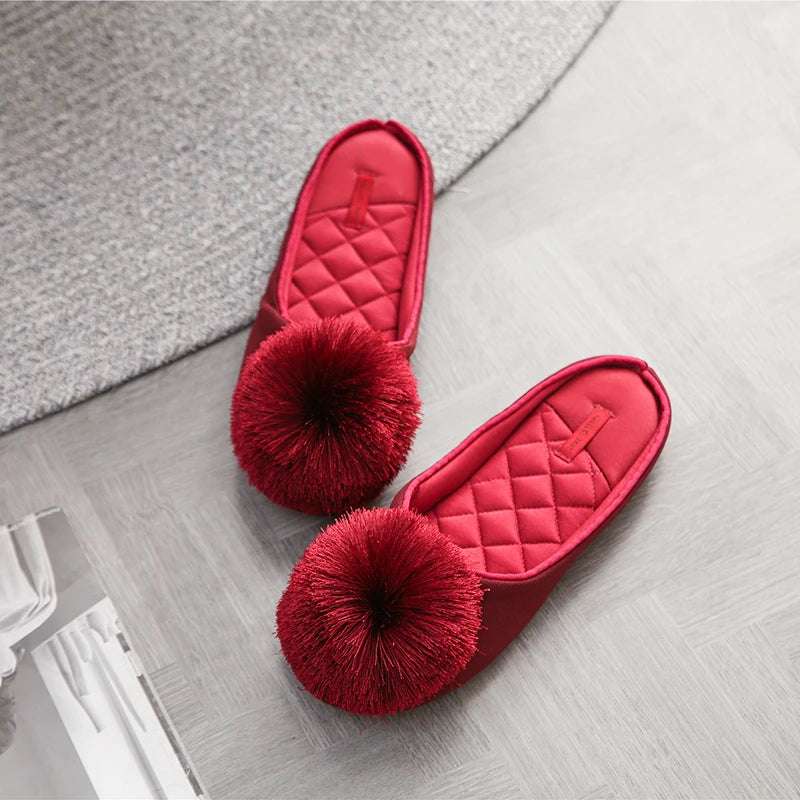 Pom-pom Women's Satin Slippers red