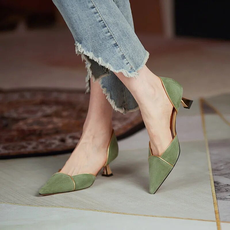 Women pointed toe Low kitten heel Shoes Green