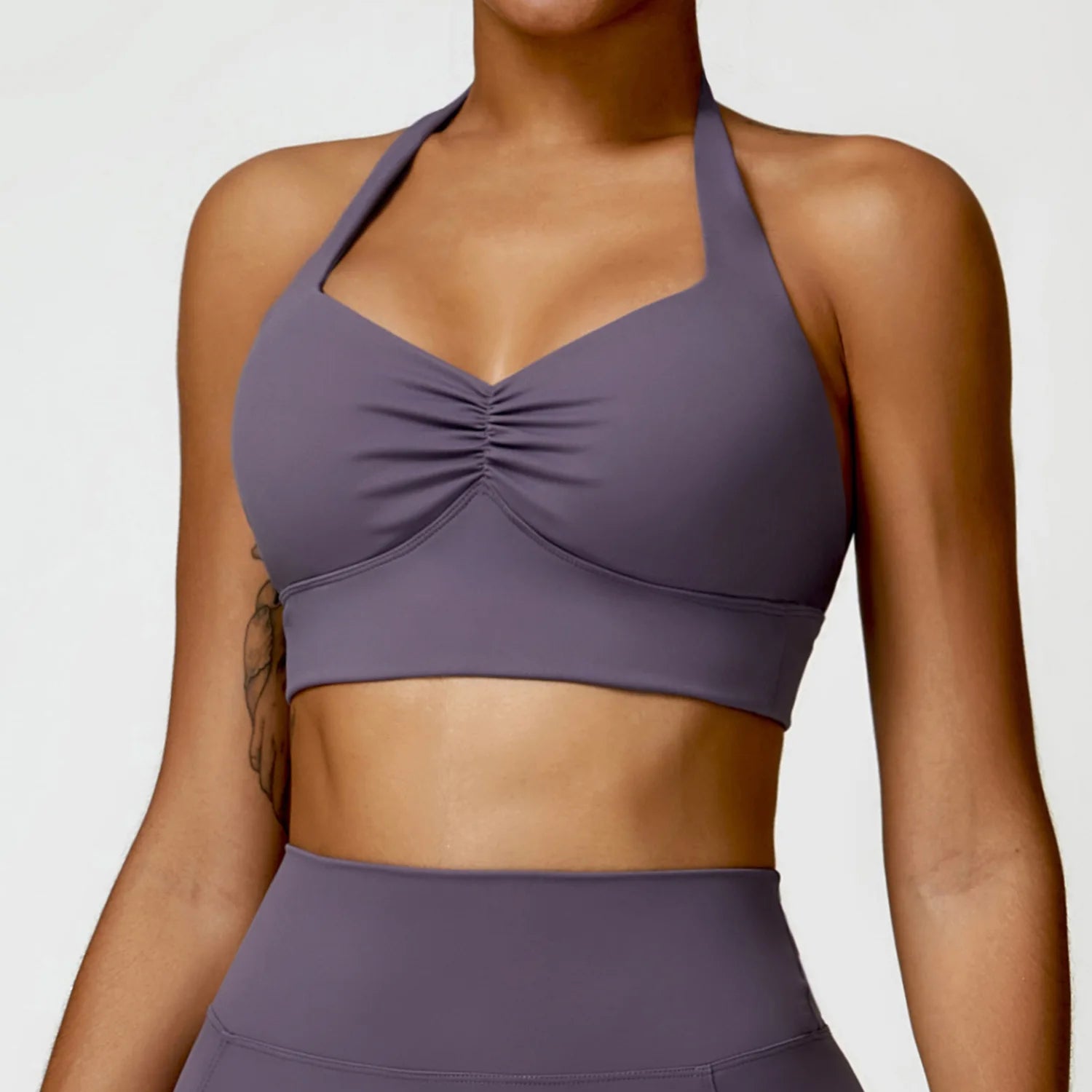 Halter neck push up ruched Sports Bra Aubergine