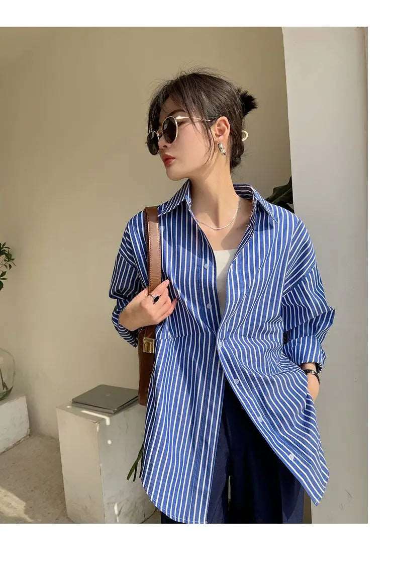 Blue Striped Chiffon Blouse Shirt for Women