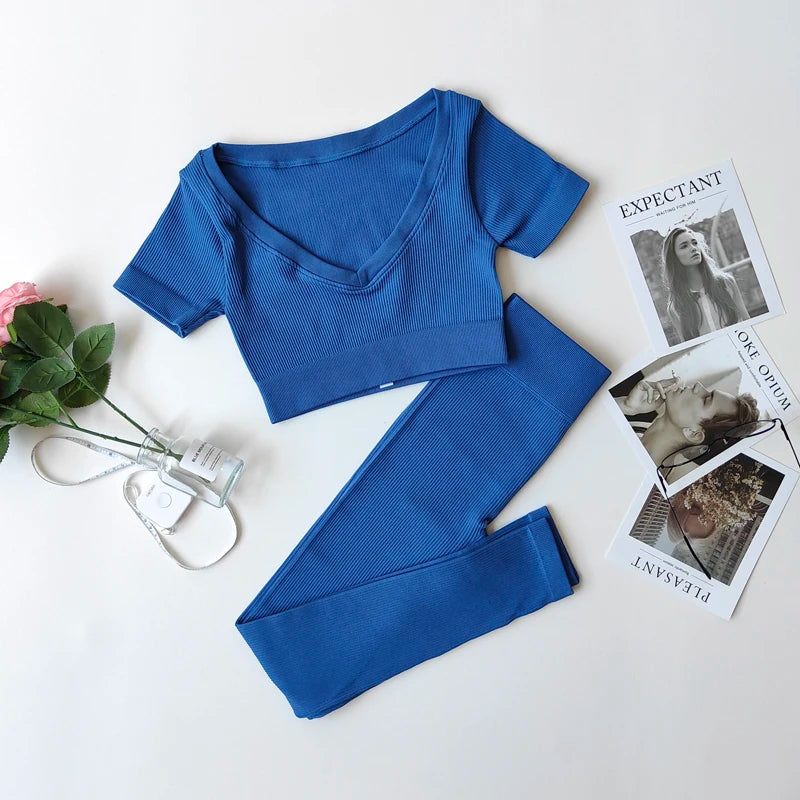 Short Sleeve round neck crop bralette High Waist Leggings Gym Fitness Set Blue