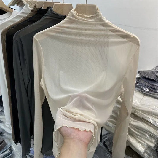 High neck Collar see-through top