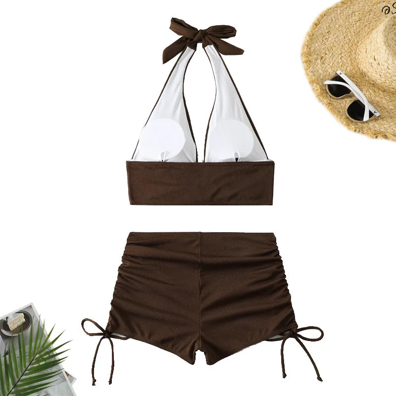 High Waist Bikini Short and halter neck swimsuit set