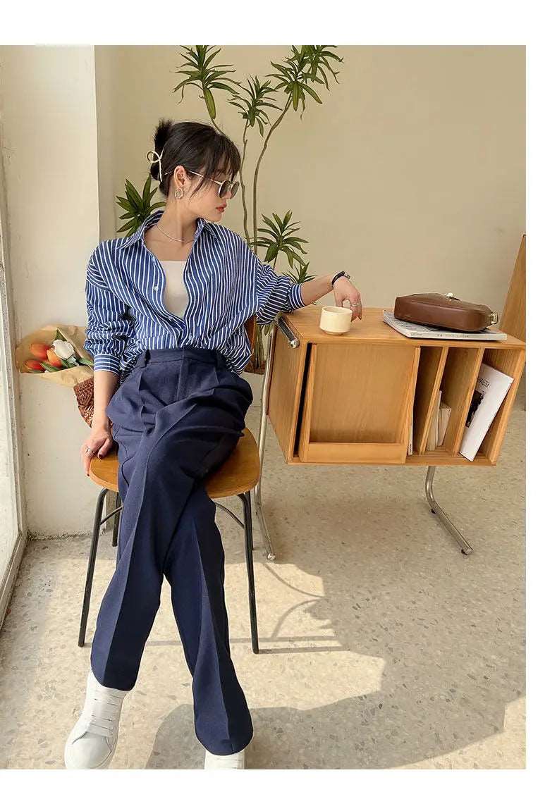 Blue Striped Chiffon Blouse Shirt for Women