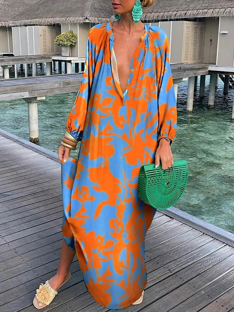 Summer Deep V-Neck Long Sleeve Long Dresses Orange