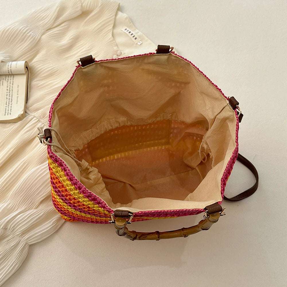 Straw Woven handbag with Bamboo style Handle