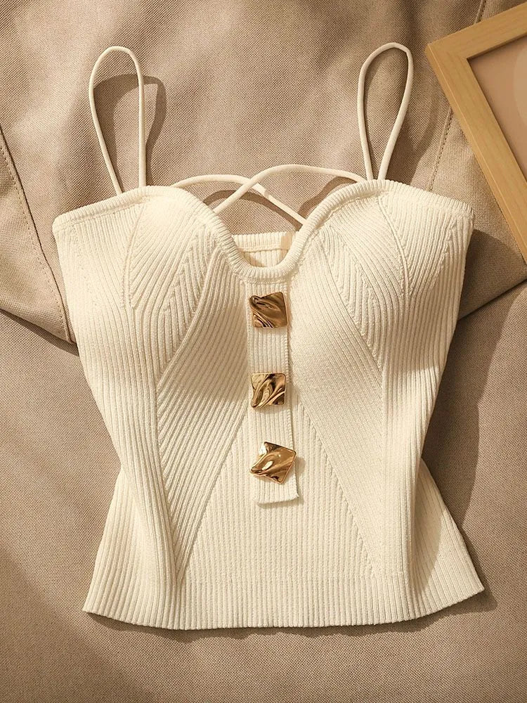 Women's gold buttons straps knitted Top White