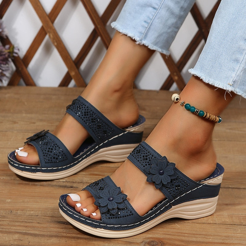 Women wedge open toe Retro Roman style Sandals Navy