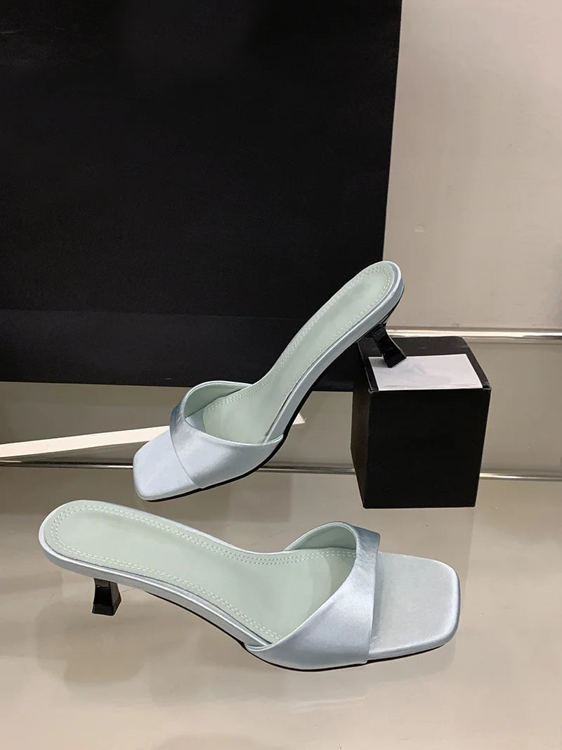 Satin Thin Low Heels Square Toe Mule Sandals