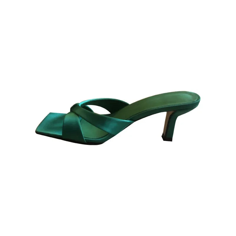 Cross straps fabric kitten heel Mules Sandals green