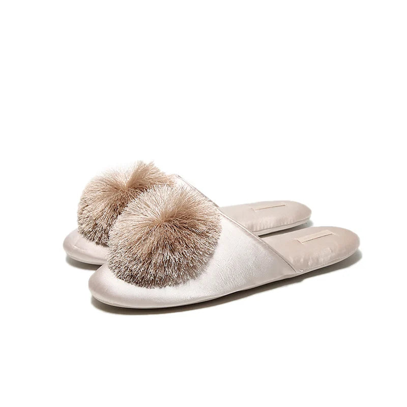 Pom-pom Women's Satin Slippers
