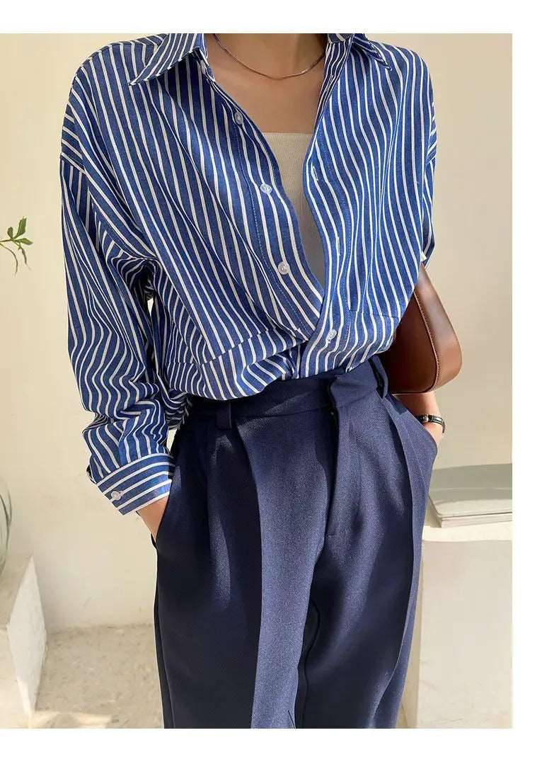 Blue Striped Chiffon Blouse Shirt for Women