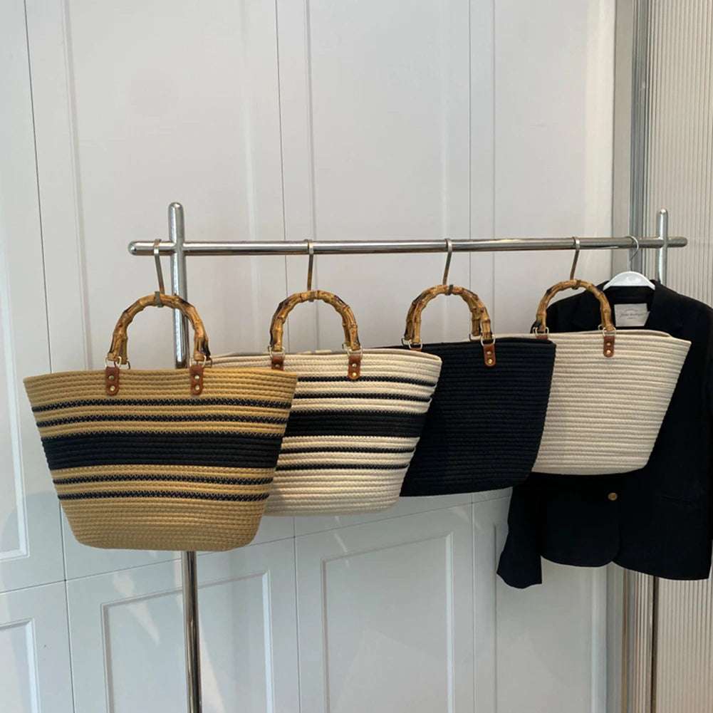 Woven tote Summer Beach Bag with Bamboo style Handle
