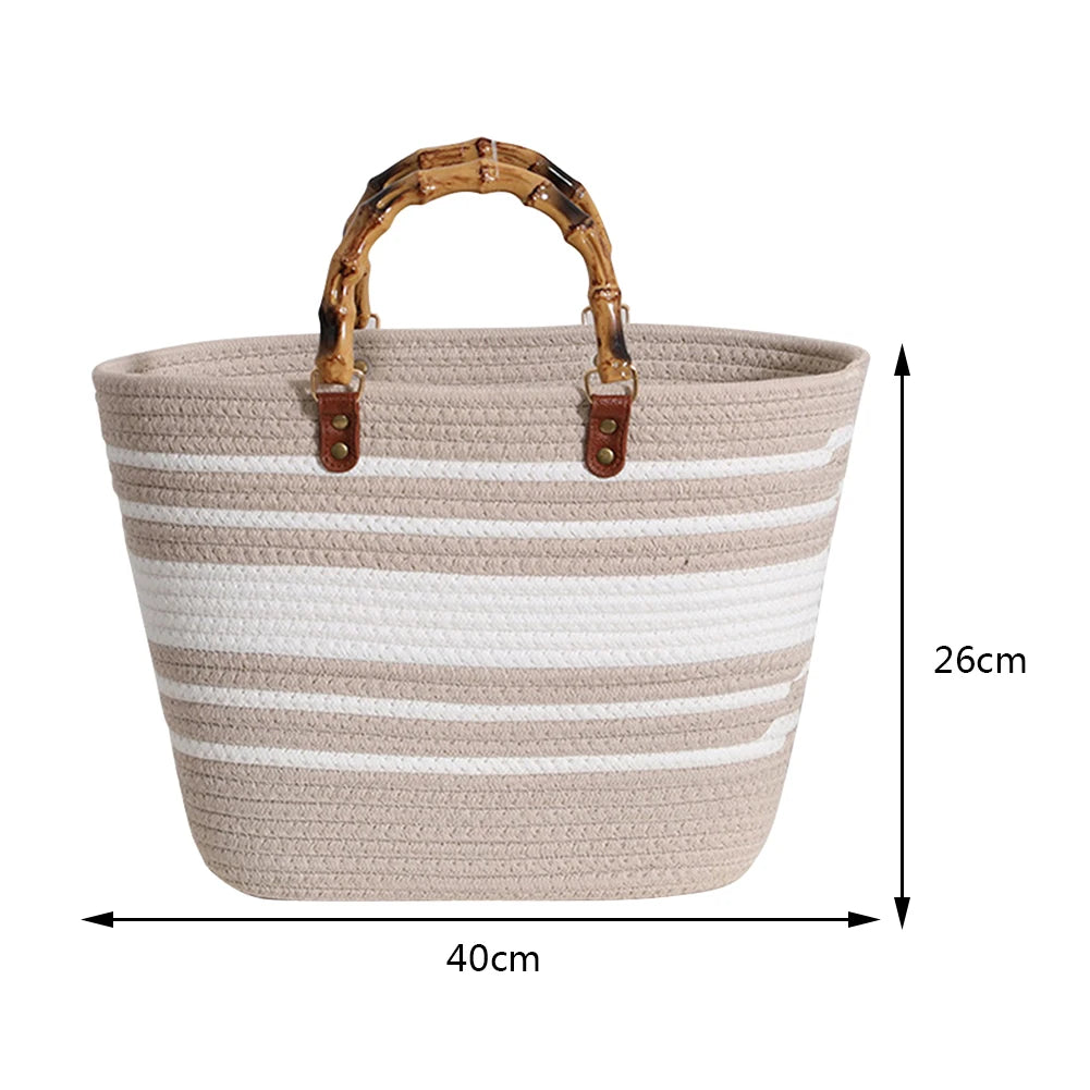 Woven tote Summer Beach Bag with Bamboo style Handle Style 4