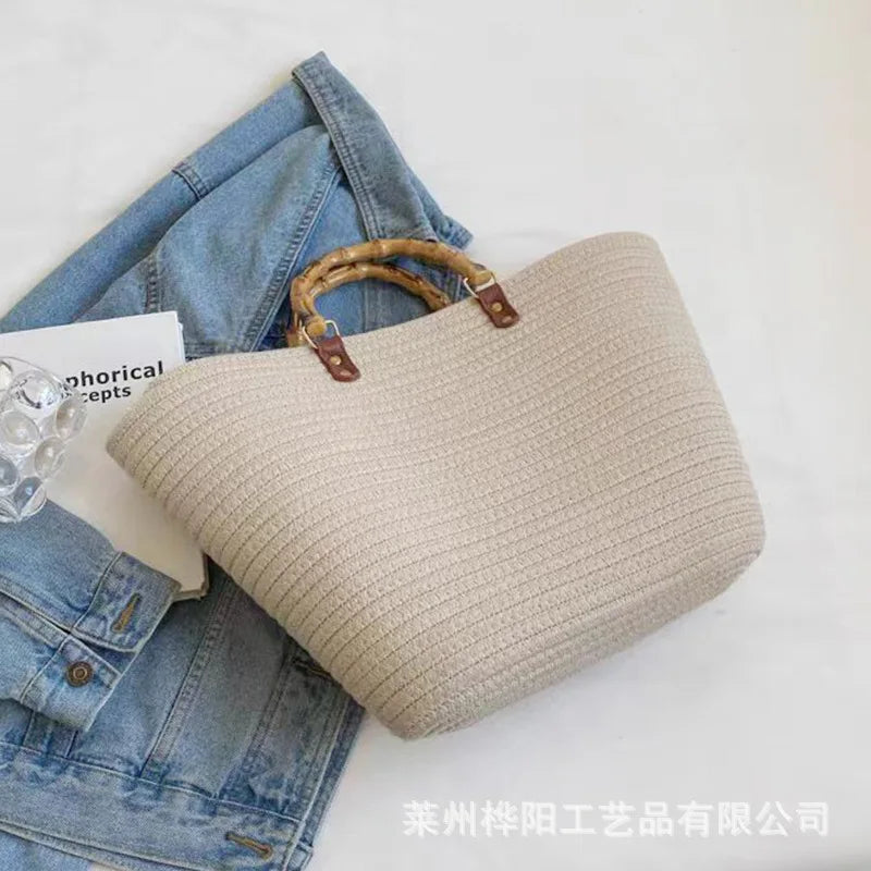 Retro Woven Straw Beach summer Handbag Upper width 16 lower width 28 height 30 WHITE