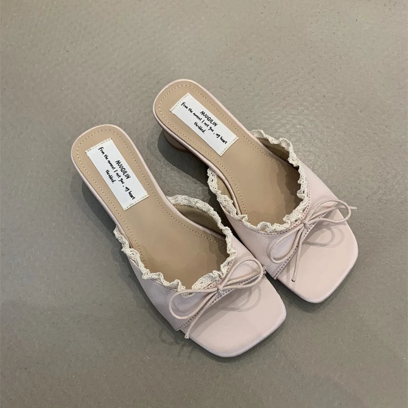 Butterfly-knot pastel colours Low Heel Sandals Pink