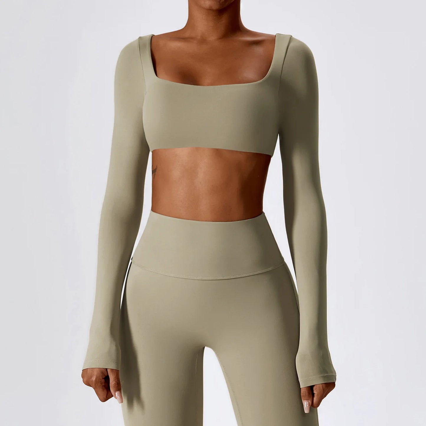 Long Sleeve square neck Workout Gym Top Camel palm