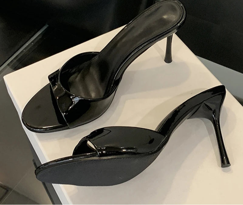 One band Patent Leather Mules High Heel Sandals Black