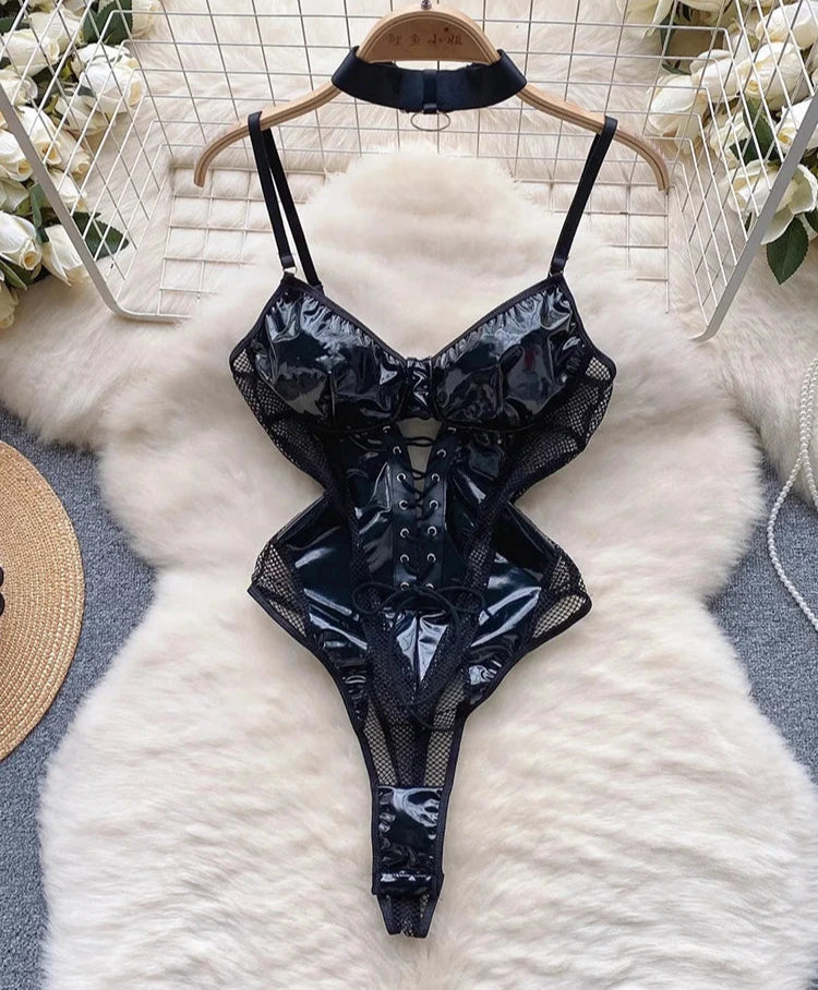 Lace-up PU Hollow One Piece Faux Leather body lingerie
