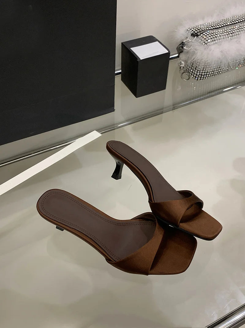 Satin Thin Low Heels Square Toe Mule Sandals