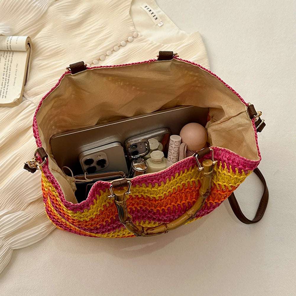 Straw Woven handbag with Bamboo style Handle