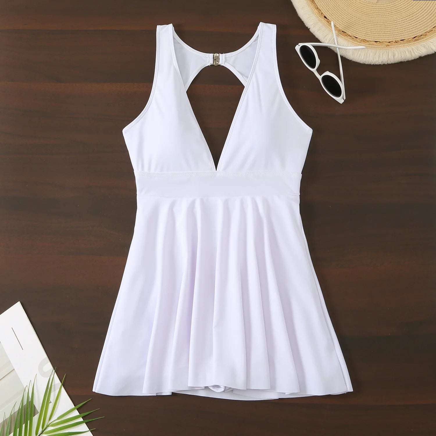 Ruffle plunge One Piece skirt dress Swimsuit white