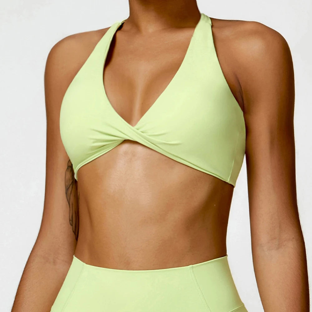 Push Up Breathable Wrapped Yoga Sports Bra Yellow green