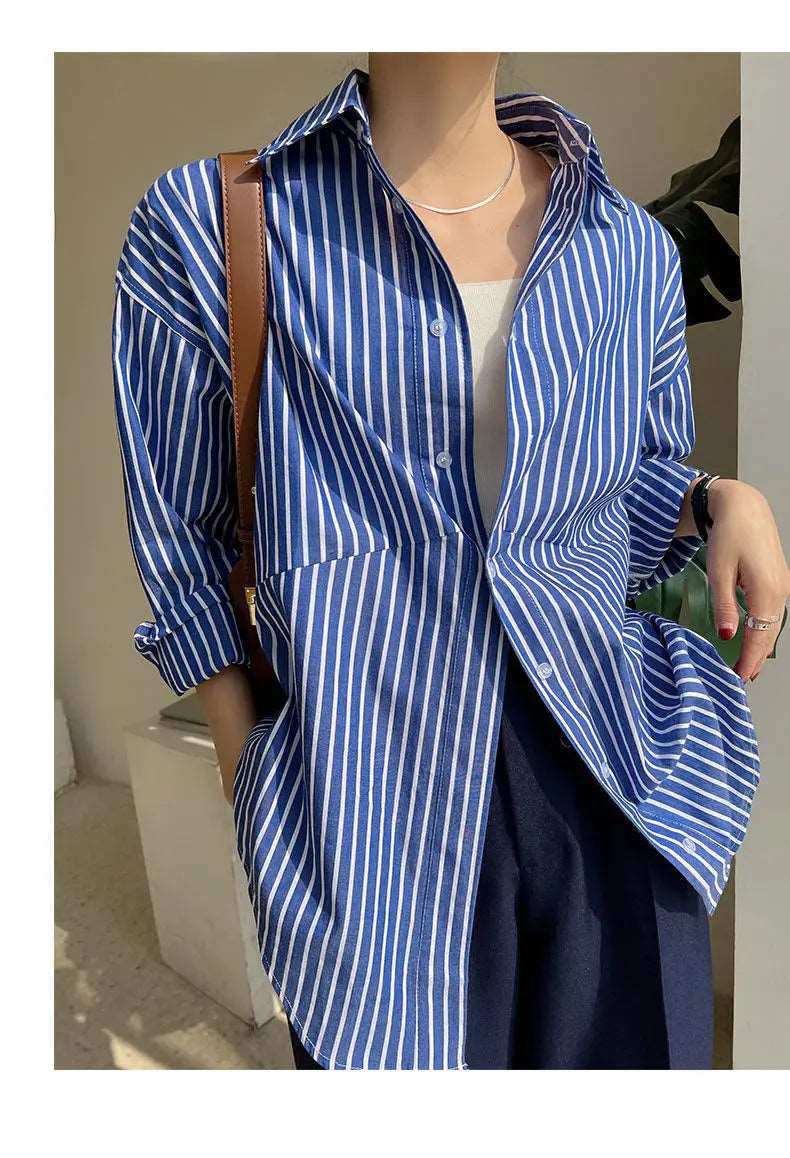 Blue Striped Chiffon Blouse Shirt for Women