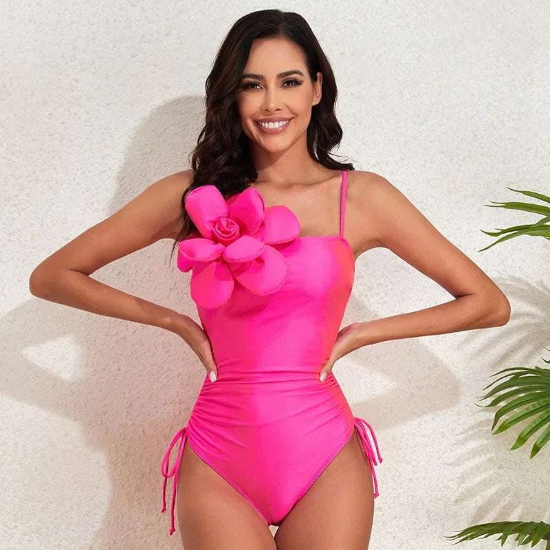 3D Flower drawstring One Piece Swimsuit