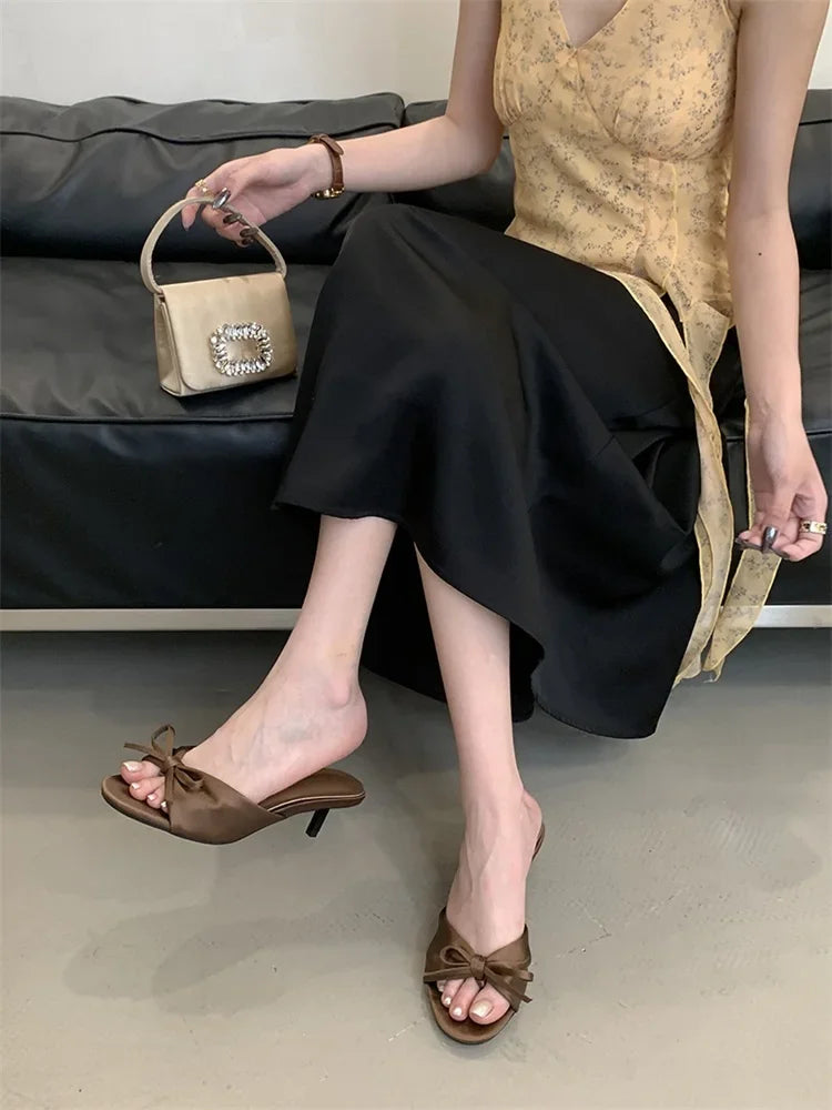 Butterfly-kont Pleated Thin Low Heels Satin kitten heel sandals