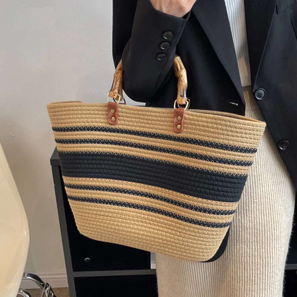 Woven tote Summer Beach Bag with Bamboo style Handle