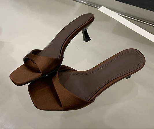 Satin Thin Low Heels Square Toe Mule Sandals Brown