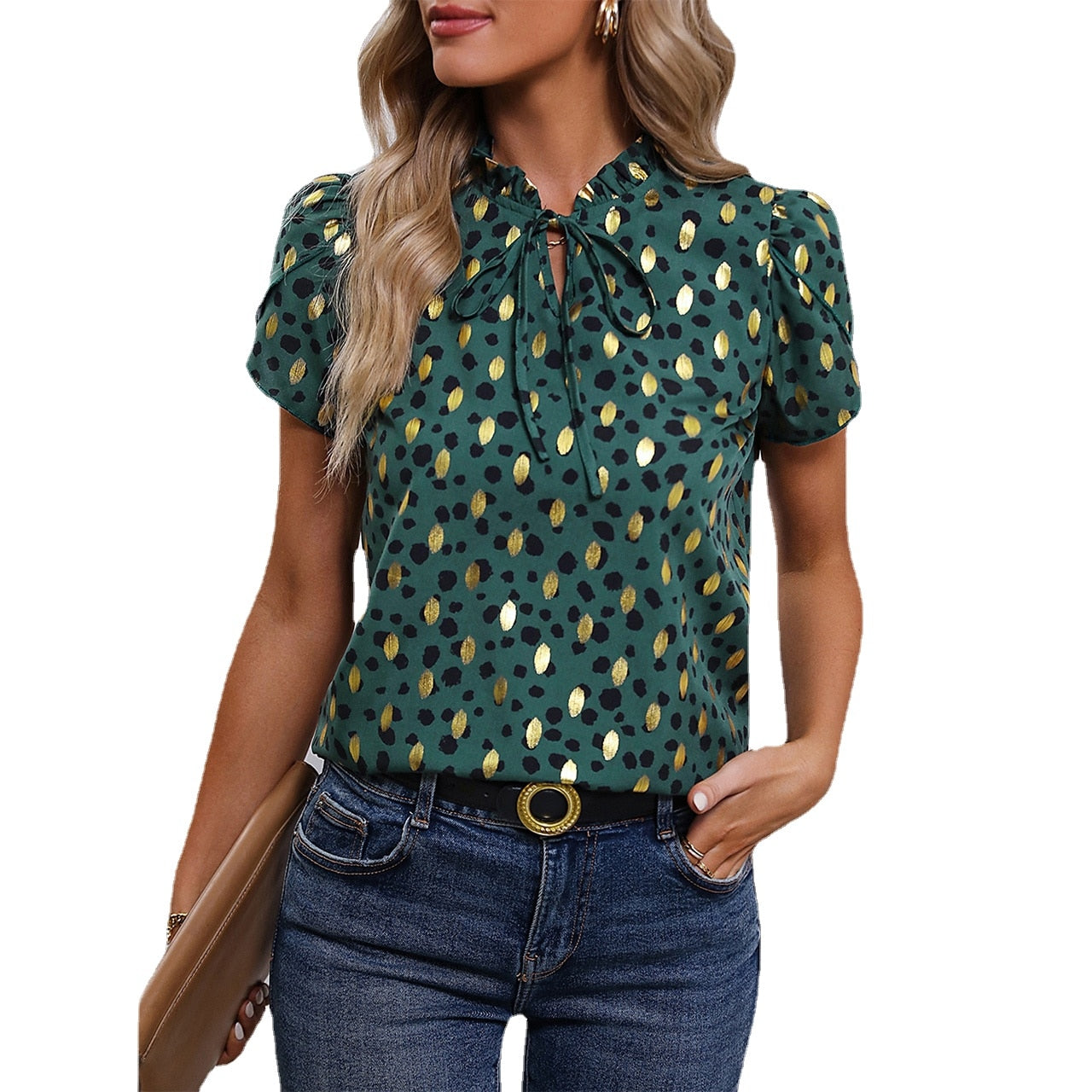 Short sleeve printed Blouse Green