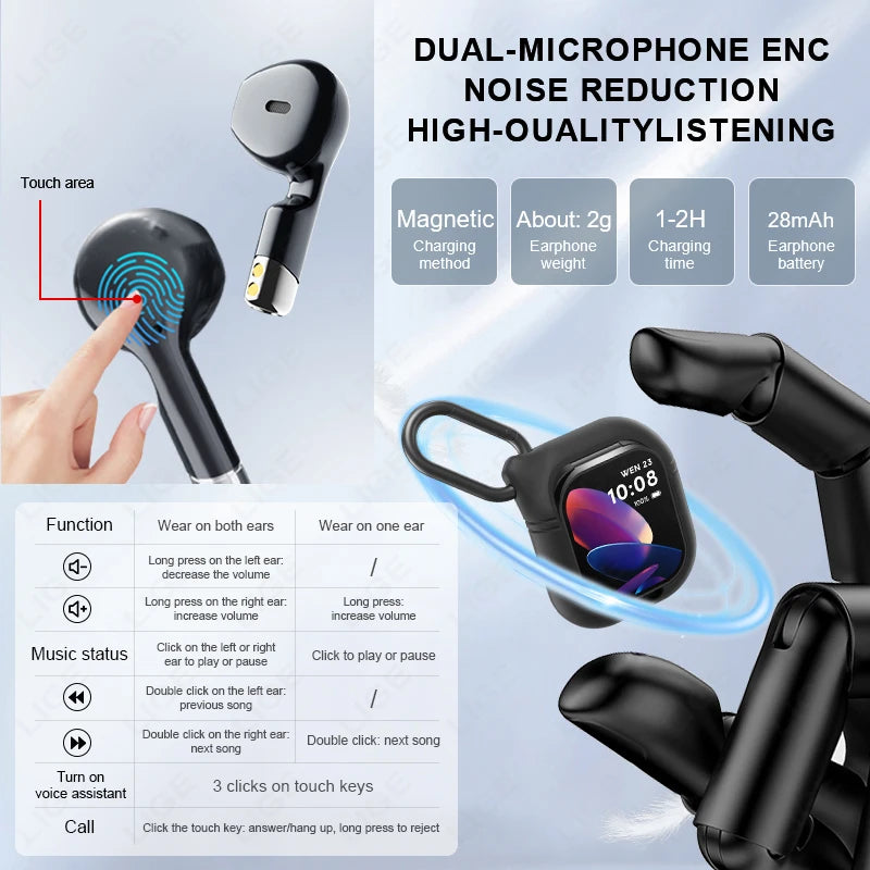 2.01 inch TWS 2-in-1 Earphones Bluetooth Call NFC Heart Rate Blood Pressure Health Monitor Music Smartwatch